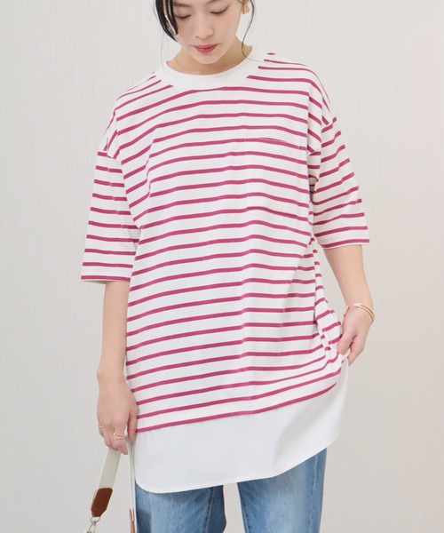 libelle more(リベル モア)の「《接触冷感》USAコットン重ね着風ボーダーTシャツ(Tシャツ/カットソー・レディース・ホワイト×ピンク/ブラック×ホワイト/ベージュ系その他/ホワイト×ネイビー・L/M)」の9枚目の写真