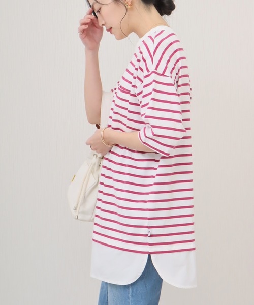 libelle more(リベル モア)の「《接触冷感》USAコットン重ね着風ボーダーTシャツ(Tシャツ/カットソー・レディース・ホワイト×ピンク/ブラック×ホワイト/ベージュ系その他/ホワイト×ネイビー・L/M)」の10枚目の写真