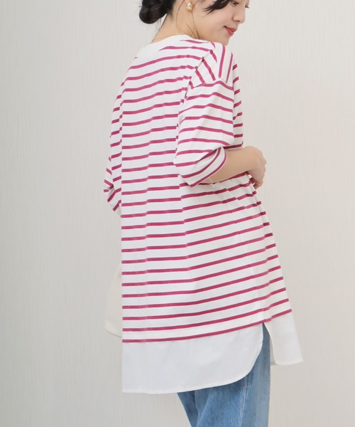 libelle more(リベル モア)の「《接触冷感》USAコットン重ね着風ボーダーTシャツ(Tシャツ/カットソー・レディース・ホワイト×ピンク/ブラック×ホワイト/ベージュ系その他/ホワイト×ネイビー・L/M)」の11枚目の写真