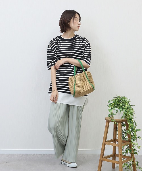 libelle more(リベル モア)の「《接触冷感》USAコットン重ね着風ボーダーTシャツ(Tシャツ/カットソー・レディース・ホワイト×ピンク/ブラック×ホワイト/ベージュ系その他/ホワイト×ネイビー・L/M)」の16枚目の写真