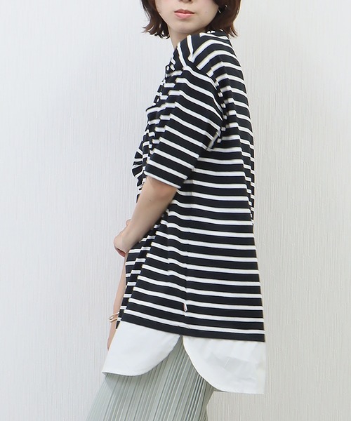 libelle more(リベル モア)の「《接触冷感》USAコットン重ね着風ボーダーTシャツ(Tシャツ/カットソー・レディース・ホワイト×ピンク/ブラック×ホワイト/ベージュ系その他/ホワイト×ネイビー・L/M)」の18枚目の写真