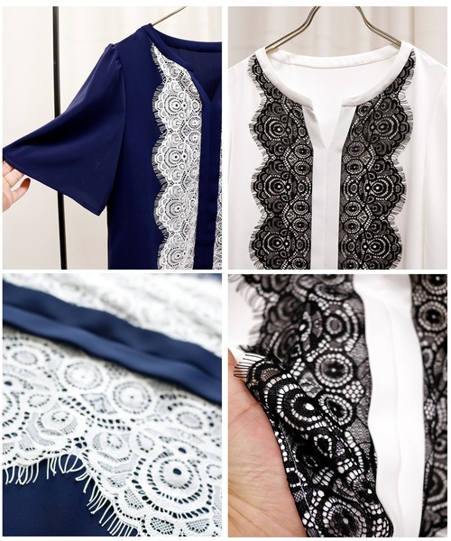 WHITE JOOLA（ホワイトジョーラ）の「【手洗いできる＆防シワ加工】WEB限定！配色レースデザイン・フレアースリーブソフトデシンブラウス（シャツ/ブラウス・レディース・オフホワイト/ベージュ/ネイビー・S/M/L）」の12枚目の写真