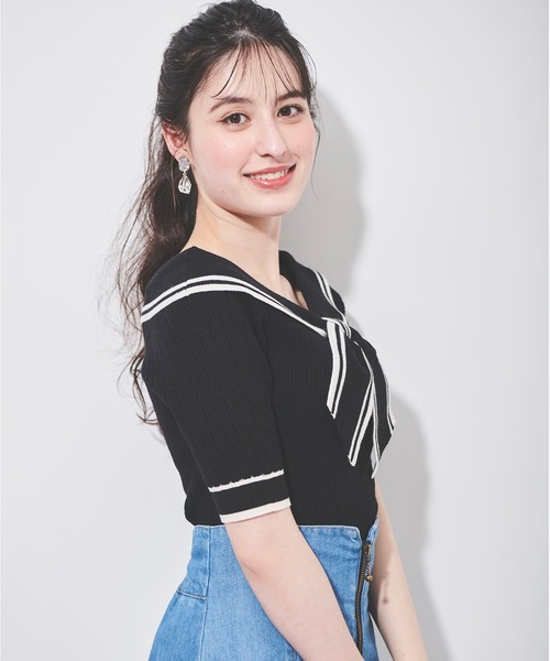 31 Sons de mode（トランテアン　ソン　ドゥ　モード）の「スカーフリボン付きポロニット（ニット/セーター・レディース・ブルー/オフホワイト/ブラック・36）」の6枚目の写真