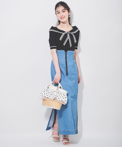 31 Sons de mode（トランテアン　ソン　ドゥ　モード）の「スカーフリボン付きポロニット（ニット/セーター・レディース・ブルー/オフホワイト/ブラック・36）」の8枚目の写真