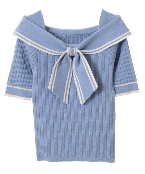 31 Sons de mode（トランテアン　ソン　ドゥ　モード）の「スカーフリボン付きポロニット（ニット/セーター・レディース・ブルー/オフホワイト/ブラック・36）」の14枚目の写真