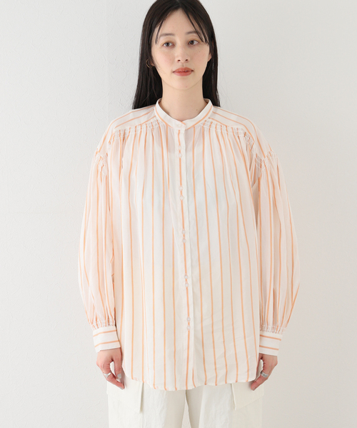 B.C STOCK(ベーセーストック)の「シアーギャザーシャツ(シャツ/ブラウス・レディース・ホワイト/パープル/グリーン/オレンジ・FREE)」の9枚目の写真