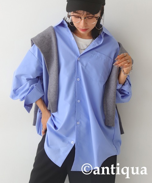 antiqua（アンティカ）の「綿混生地オーバーサイズシャツ（シャツ/ブラウス・レディース・スミクロ/イエロー/ホワイト/ブルー・FREE）」の3枚目の写真
