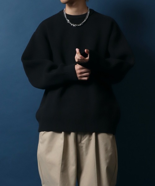 ANPAS（アンパス）の「Knit Pullover/別注 オーバーサイズ クルーネック ニット 吸水速乾 UVカット マシンウォッシャブル 帯電防止 抗ピリング（ニット/セーター・メンズ・ブラック/オフホワイト/グレイッシュベージュ/ブルー/チャコール・M/LL/L）」の18枚目の写真