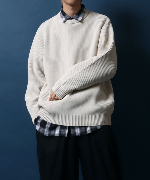 ANPAS（アンパス）の「Knit Pullover/別注 オーバーサイズ クルーネック ニット 吸水速乾 UVカット マシンウォッシャブル 帯電防止 抗ピリング（ニット/セーター・メンズ・ブラック/オフホワイト/グレイッシュベージュ/ブルー/チャコール・M/LL/L）」の16枚目の写真