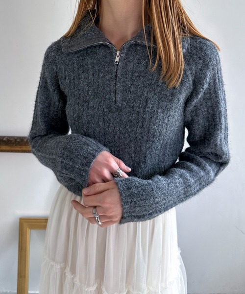 EPIMI E'PIMMY（エピミエピミー）の「【ハンドウォッシャブル】ウール混ショート丈ハーフジッププルオーバー（ニット/セーター・レディース・杢グレー/オフホワイト/ブラック・MEDIUM）」の2枚目の写真