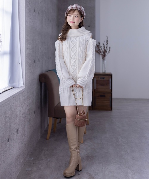 clear（クリア）の「肩開きケーブルニットミニワンピース（ワンピース・レディース・杢グレー/ベージュ/アイボリー・F）」の9枚目の写真