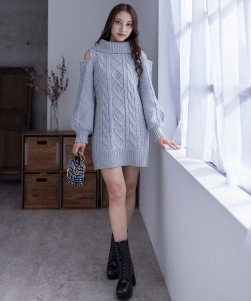 clear（クリア）の「肩開きケーブルニットミニワンピース（ワンピース・レディース・杢グレー/ベージュ/アイボリー・F）」の8枚目の写真