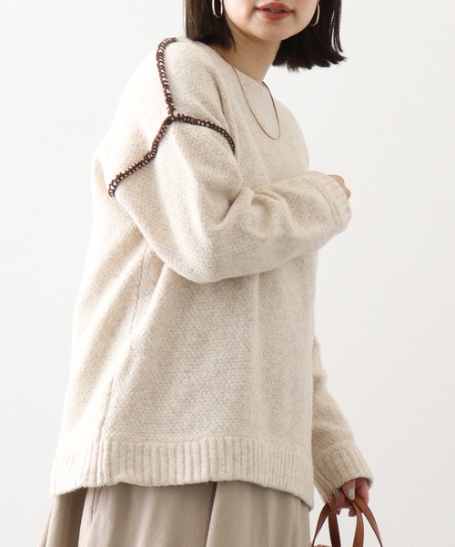 Emago（イマゴ）の「EMAGO 配色ｽﾃｯﾁﾆｯﾄﾌﾟﾙｵｰﾊﾞｰ（ニット/セーター・レディース・アイボリー/ネイビー/杢グレー・FREE）」の10枚目の写真
