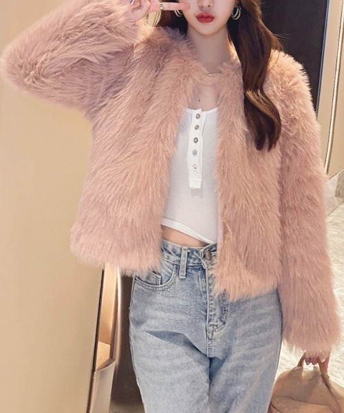 Miniministore(ミニミニストア)の「【新色・サイズ追加】エコファーコート ファージャケット 冬服(ノーカラージャケット・レディース・グレー/ブラック/ホワイト/ベージュ/ピンク・M/L)」の7枚目の写真