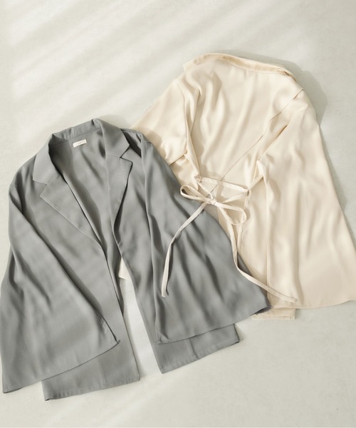 fupel（フぺル）の「マルチウェイスリーブスリットリボンジャケット(セットアップ可能)（テーラードジャケット・レディース・アイボリー/グレー・FREE）」の4枚目の写真