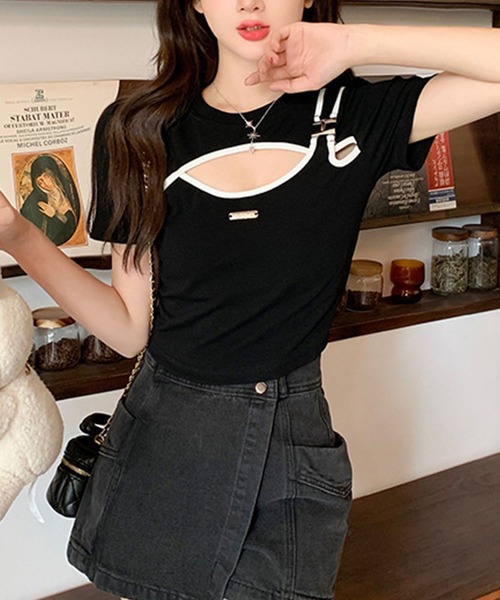 GLAMOROUS JANE(グラマラスジェーン)の「胸元カットアウト配色バインダーショート丈Tシャツ(Tシャツ/カットソー・レディース・ブラック/ホワイト・FREE)」の17枚目の写真