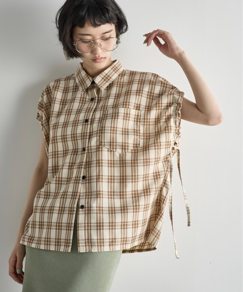 ドロストカフフレンチスリーブチェックシャツ