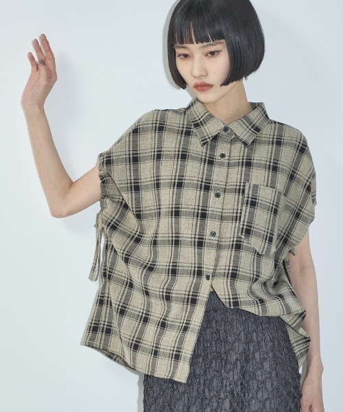 ドロストカフフレンチスリーブチェックシャツ