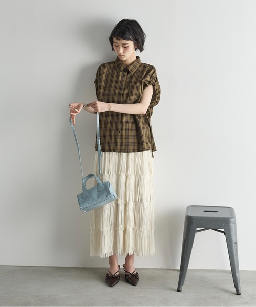 ドロストカフフレンチスリーブチェックシャツ