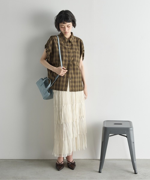 ドロストカフフレンチスリーブチェックシャツ