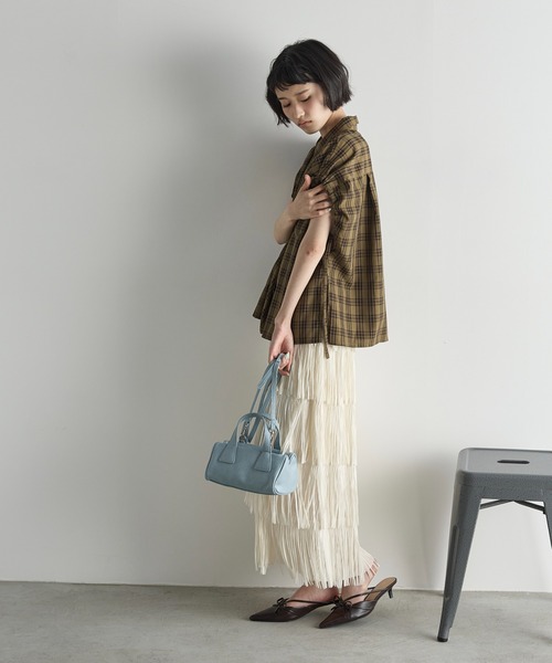 ドロストカフフレンチスリーブチェックシャツ