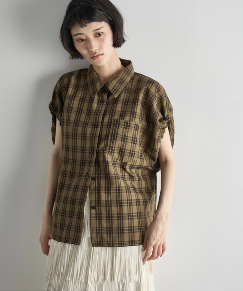 ドロストカフフレンチスリーブチェックシャツ