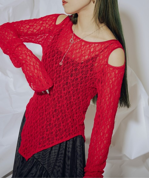 Ezick（エジック）の「Shoulder slit パイピングレーストップス（Tシャツ/カットソー・レディース・ホワイト/ブラック/レッド/グレー系その他・FREE）」の4枚目の写真