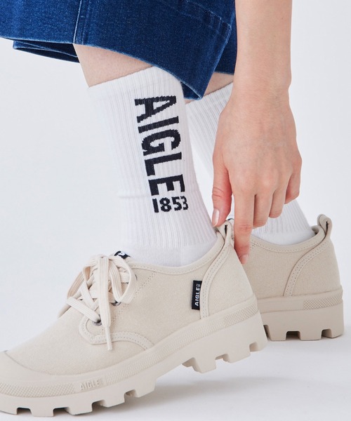 AIGLE(エーグル)の「ユニセックス ミドルソックス / ロゴソックス(ソックス/靴下・レディース・ホワイト/ブラック・S/L/M)」の1枚目の写真