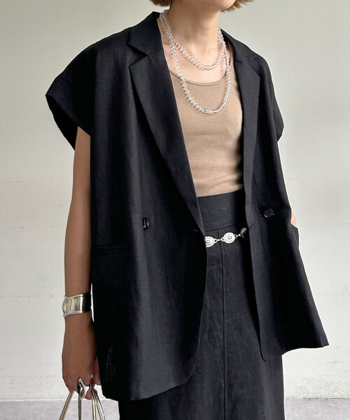 SHENERY（シーナリー）の「フレンチスリーブリネンジャケットベスト（ベスト・レディース・ブラック/ベージュ・FREE）」の4枚目の写真