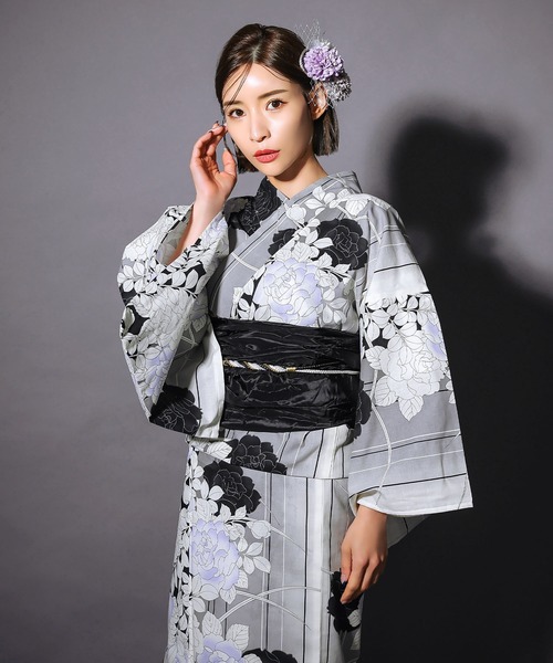 浴衣　綿麻　粋な夏着物　縦縞　黒　兵児帯　プリーツ　2点　0704④ 浴衣綿麻粋な夏着物縦縞黒兵児帯プリーツ夏用帯締め3点0705①