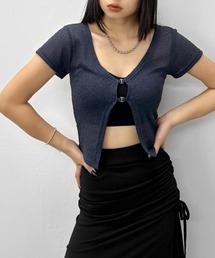 【LVEU.】フロントホック透けニットトップス / トップス カットソー フック ニット シアー クロップド ショート レイヤード 透け感 半袖