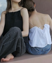 Reurie' | ナイロンドロストキャミ／nylon drawstring cami ノースリーブ キャミソール スクエアネック パスタストラップ 無地 シンプル 大人カジュアル ニュアンス 韓国 白 ホワイト 黒 ブラック(キャミソール)