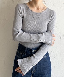 袖ボタンクルーネックタイト長袖リブニットトップス