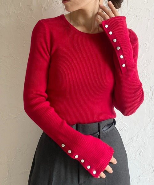 セール】袖ボタンクルーネックタイト長袖リブニットトップス（ニット