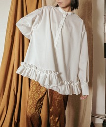 極美品♡現行　45R カットワーク　フリル　ブラウス　バンドカラー　白 バンドカラー パールボタン 2段フリル ブラウス Liala×PG 全3色