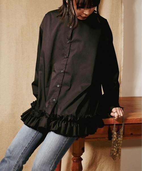 セール】ブロード裾 フリル ブラウス バンドカラーシャツ（シャツ
