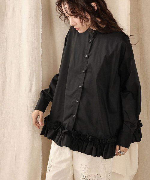 セール】ブロード裾 フリル ブラウス バンドカラーシャツ（シャツ