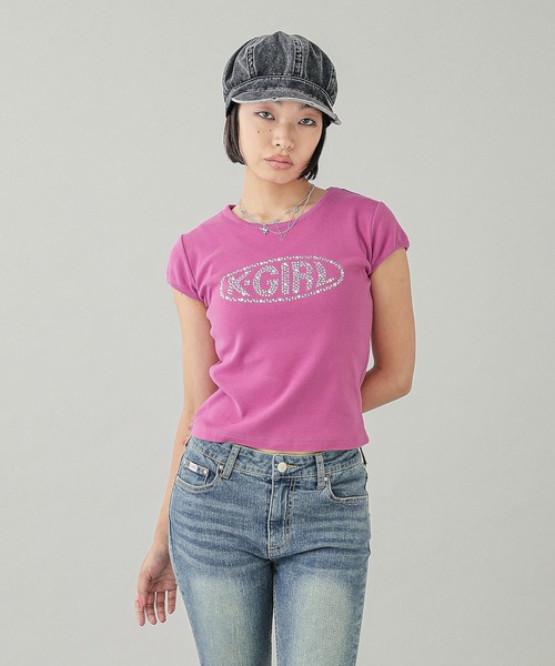 X-girl（エックスガール）の「RHINESTONE OVAL LOGO S/S BABY