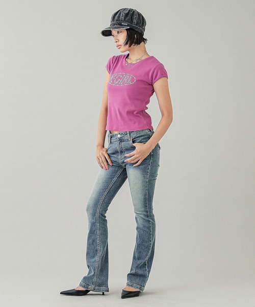 X-girl（エックスガール）の「RHINESTONE OVAL LOGO S/S BABY TEE（Tシャツ/カットソー・レディース・ピンク/ホワイト/ブラック・S/M）」の12枚目の写真