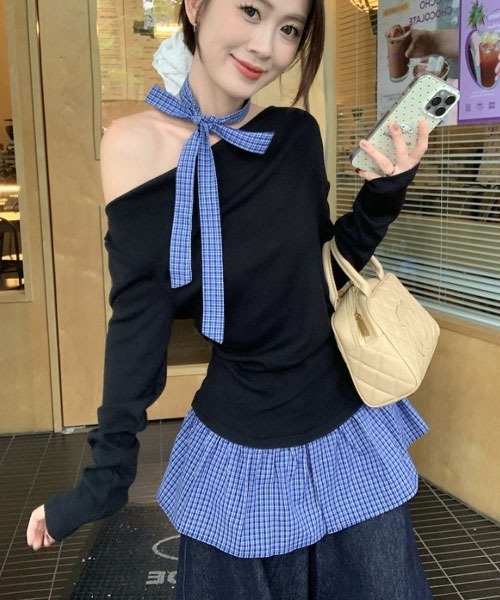 i-dare(アイディア)の「【i-dare】オフショルダー フェイクレイヤード 長袖 トップス(Tシャツ/カットソー・レディース・ブラック/グレー・SMALL/MEDIUM/LARGE)」の5枚目の写真