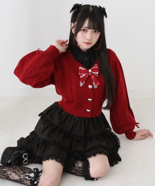 DearMyLove(ディアマイラブ)の「キラキラハート編み柄ショートカーディガン(カーディガン/ボレロ・レディース・レッド/ラベンダー/ベビーピンク/サックスブルー/ブラック/オフホワイト・M-L/LL~3L)」の19枚目の写真