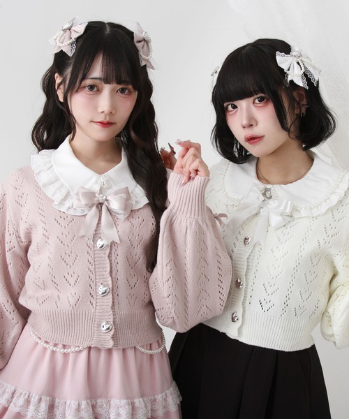 セール】キラキラハート編み柄ショートカーディガン（カーディガン