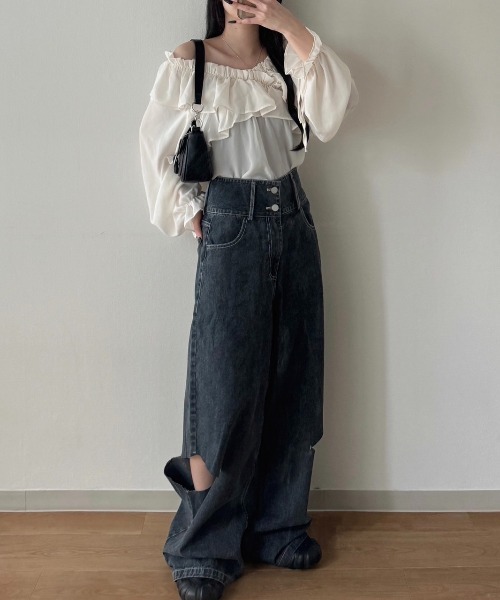 nemne store（ネンネストア）の「《Delfy》2wayオフショルカシュクールブラウス（シャツ/ブラウス・レディース・アイボリー/ブラック系/パープル系・フリー）」の8枚目の写真