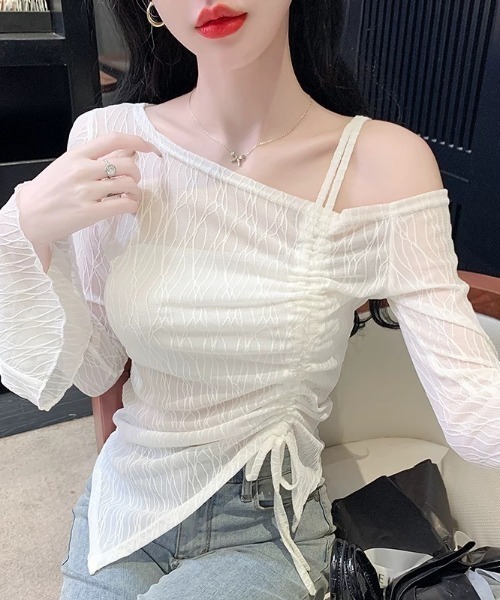 ampm(エーエムピーエム)の「リボンワイドシャーリングワンショルダートップス/サイドギャザー(Tシャツ/カットソー・レディース・ブラック/ホワイト・FREE)」の19枚目の写真