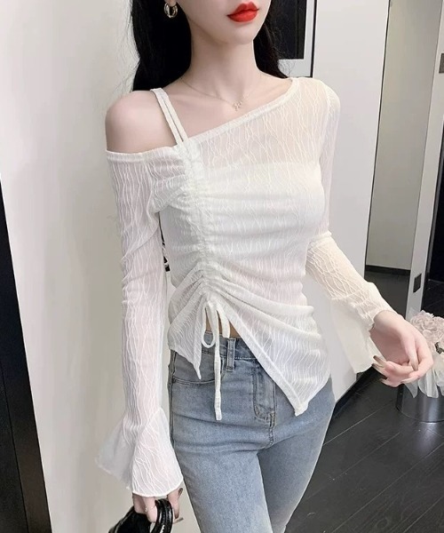 ampm(エーエムピーエム)の「リボンワイドシャーリングワンショルダートップス/サイドギャザー(Tシャツ/カットソー・レディース・ブラック/ホワイト・FREE)」の20枚目の写真