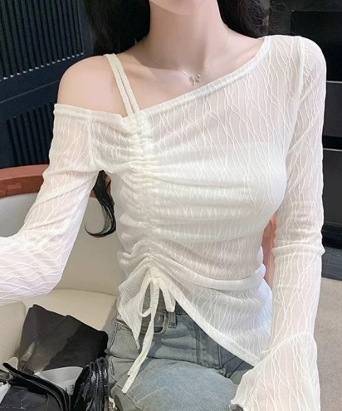 ampm(エーエムピーエム)の「リボンワイドシャーリングワンショルダートップス/サイドギャザー(Tシャツ/カットソー・レディース・ブラック/ホワイト・FREE)」の15枚目の写真