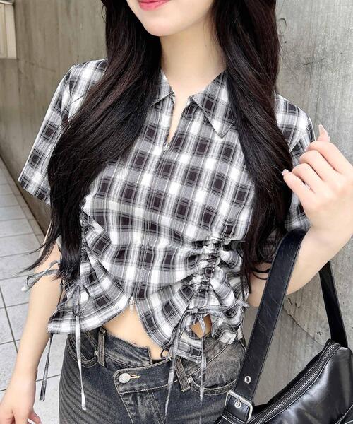 INGNI(イング)の「フロントジップチェック柄ドロスト半袖シャツ(シャツ/ブラウス・レディース・ホワイト系その他2/ネイビー系1・M)」の7枚目の写真