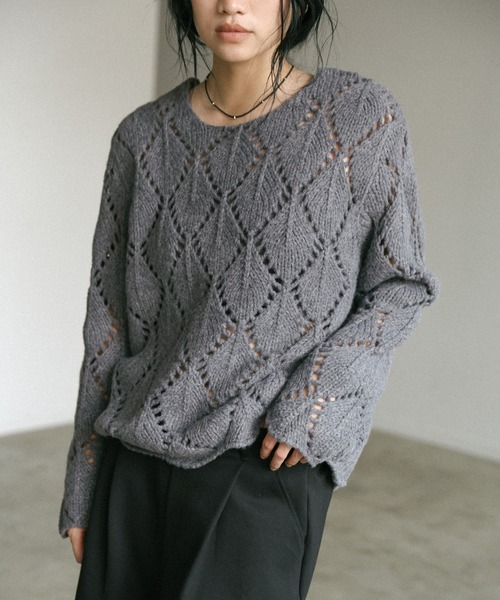 セール】透かし編みクルーネックニットトップス（ニット/セーター