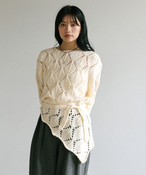 セール】透かし編みクルーネックニットトップス（ニット/セーター