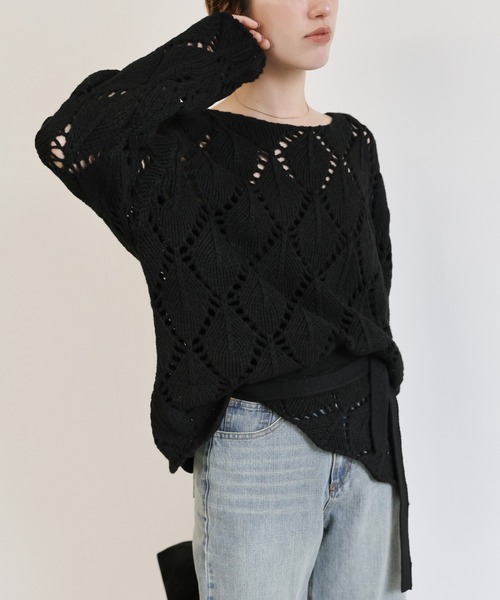 セール】透かし編みクルーネックニットトップス（ニット/セーター